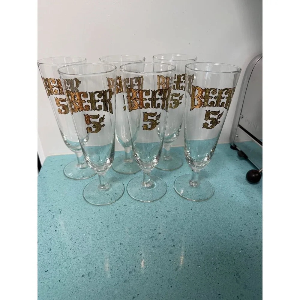 Culver Set of 6  22-karat Gold Footed Pilsner Glasses Vintage Collectible